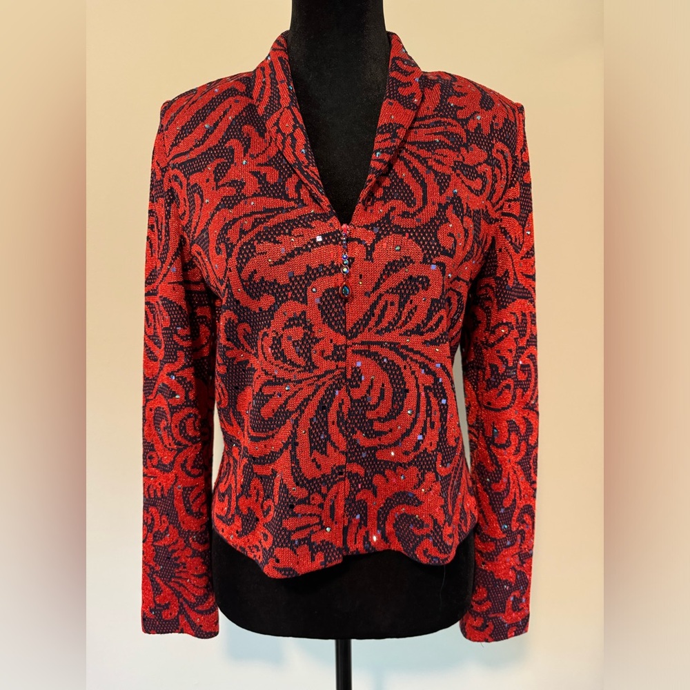 St. John Evening Embellished Red Navy Knit Zip Jacket with Rhinestones size 4